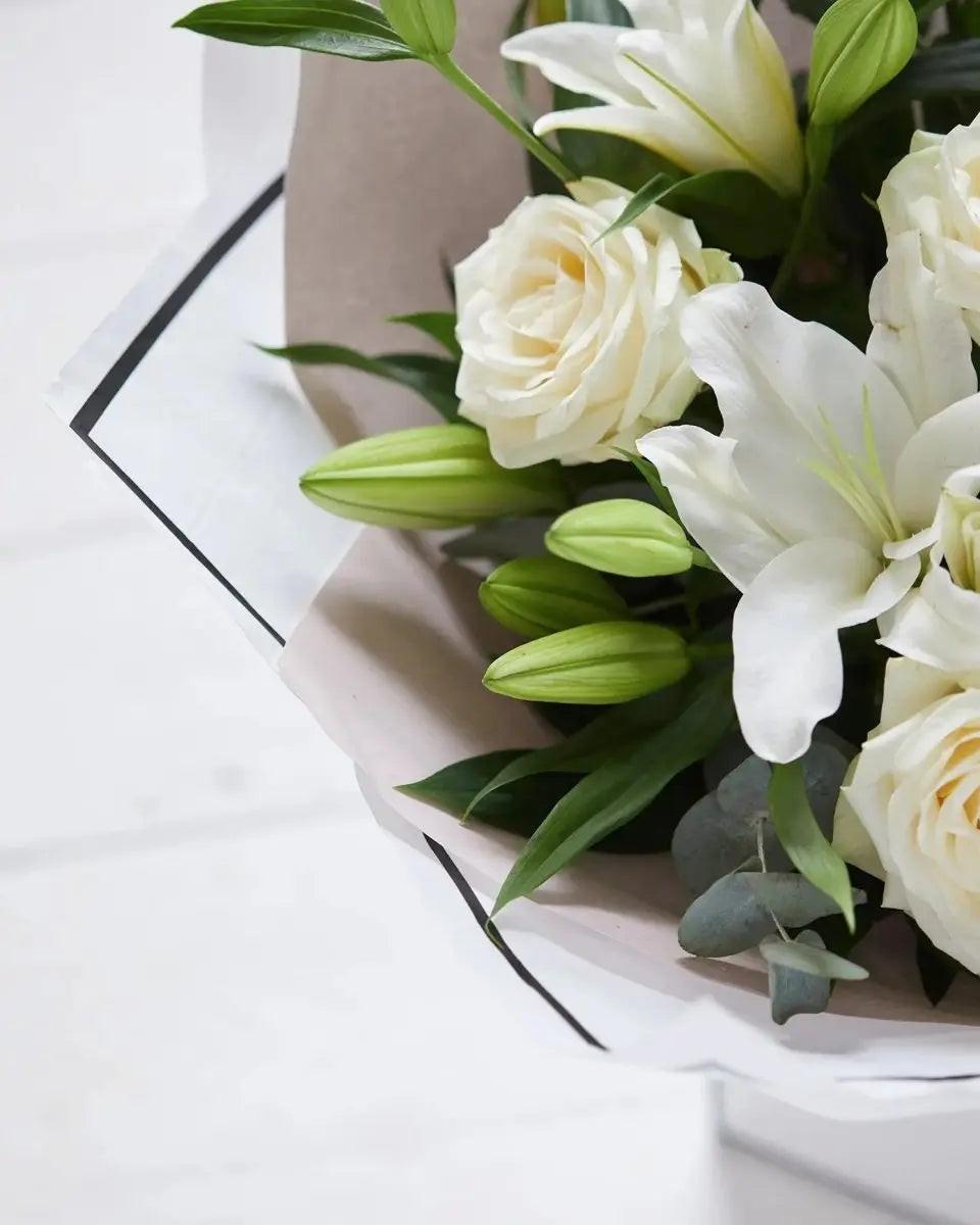 Beautifully Simple White Rose & Lily Bouquet - By Blume Flowers