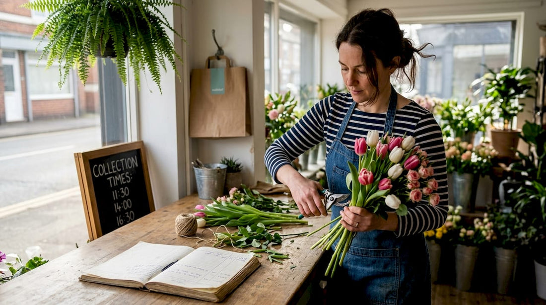 Florist preparing bouquet in Birmingham shop