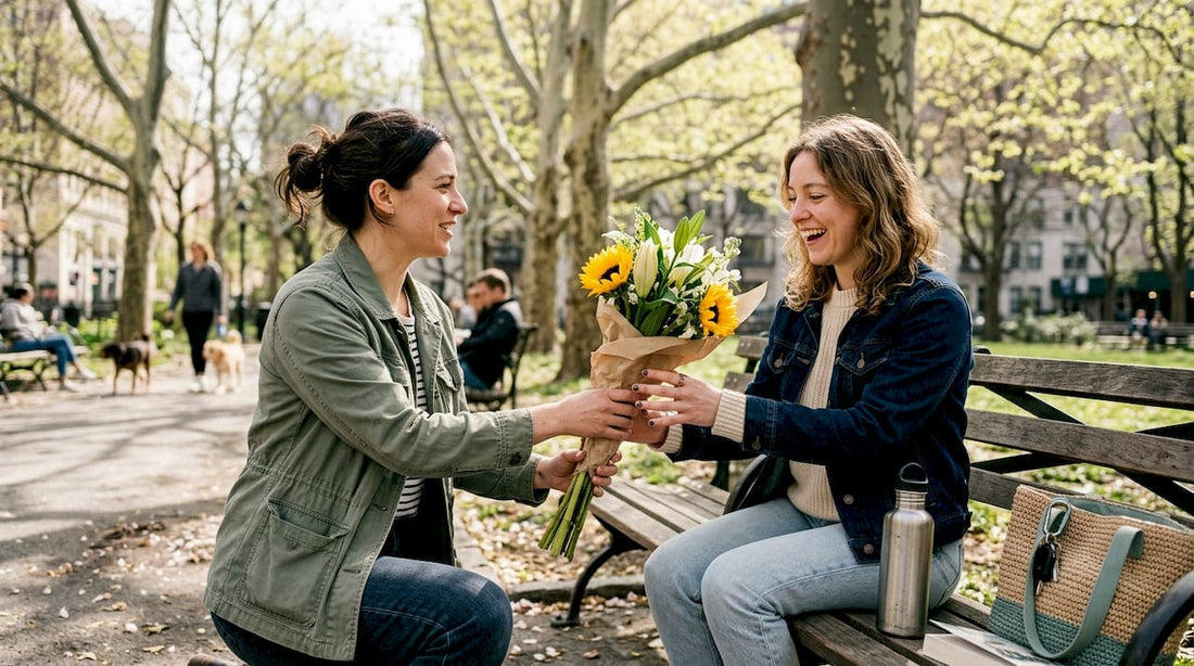 Woman gifting flowers to delighted friend outdoors