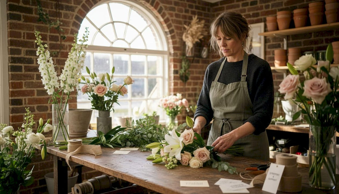 Florist arranging sympathy lilies and roses