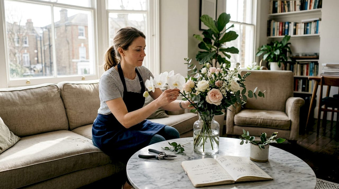 Florist arranging elegant bouquet in living room