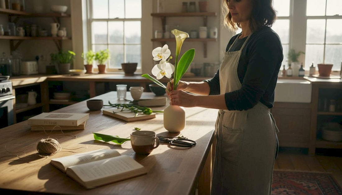 Florist arranging minimalist bouquet in kitchen