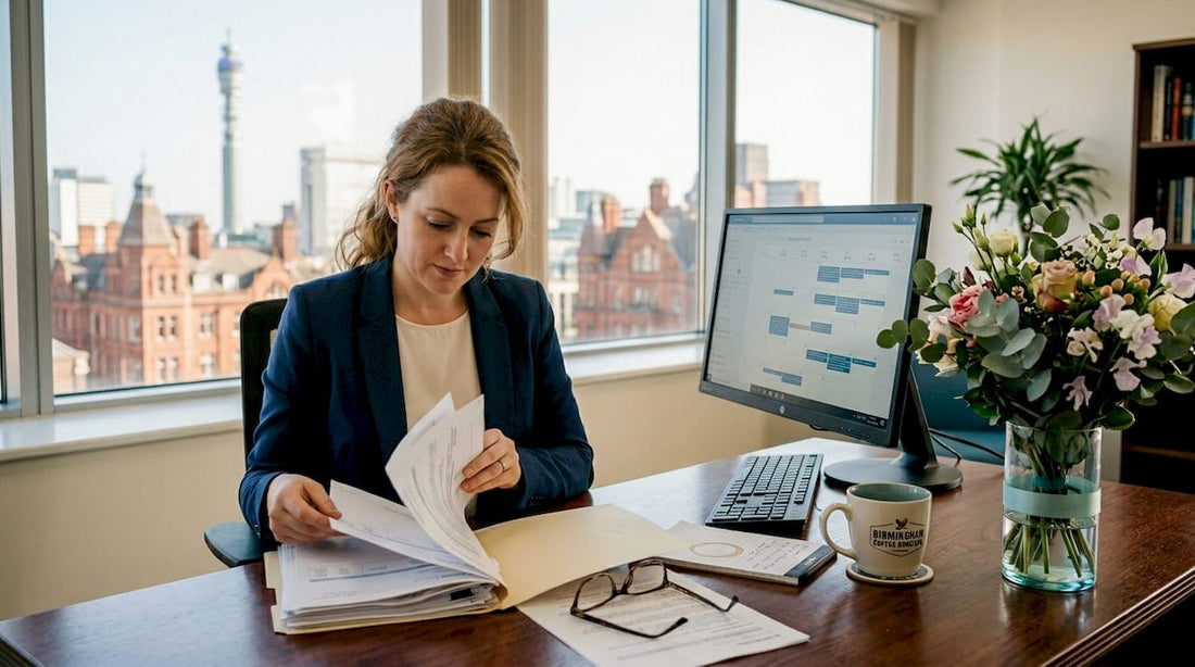 Executive sorting invoices in flower-filled office