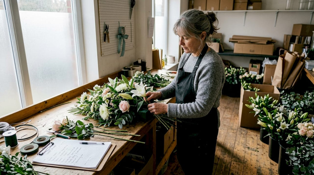 Florist arranging funeral flower spray with lilies