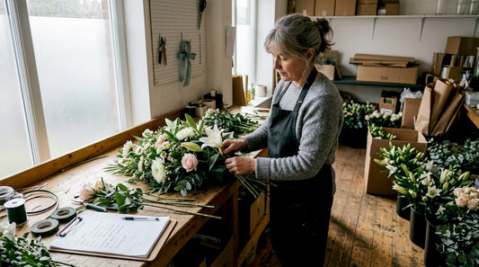 Florist arranging funeral flower spray with lilies