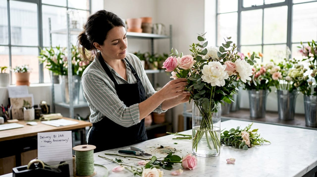 Florist arranging luxury bouquet in studio
