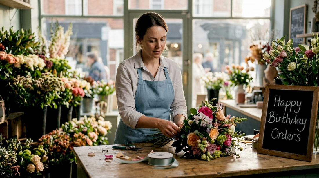 Florist assembling luxury birthday bouquet Birmingham