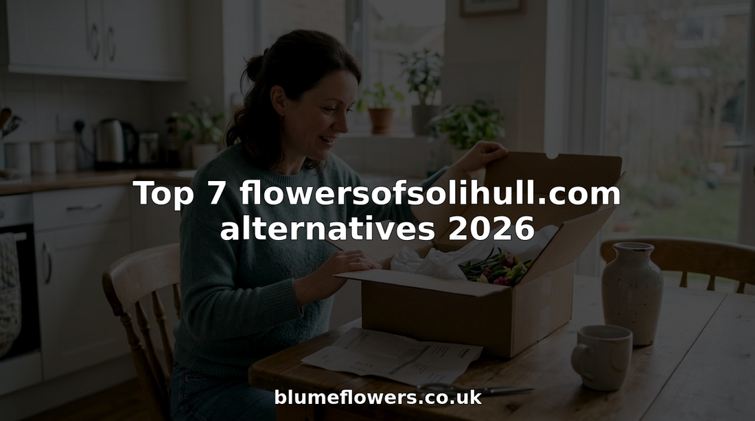 Woman unboxing flower delivery at kitchen table