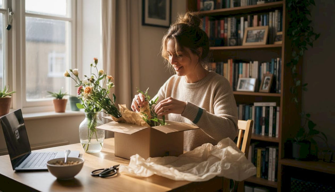 Woman unboxing fresh flower subscription at home