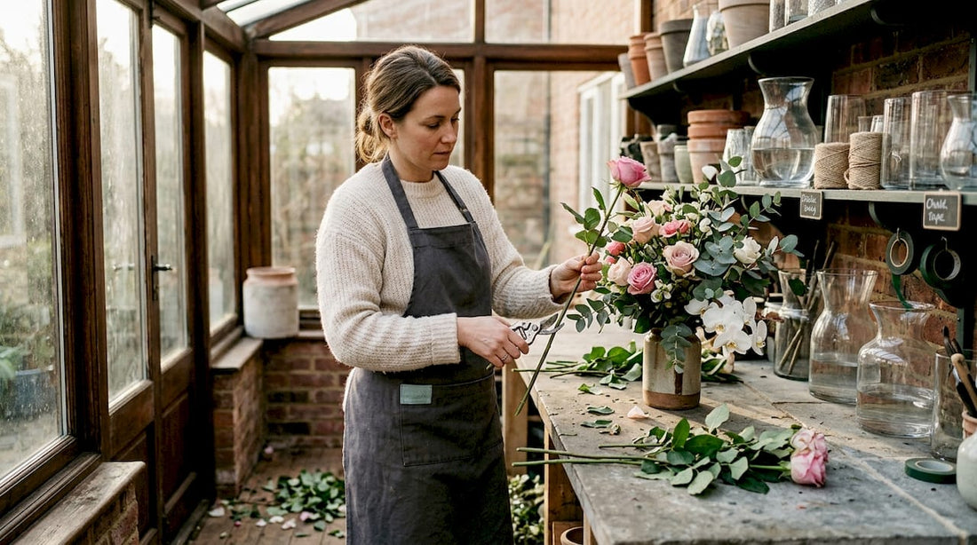 Florist creating luxury flower arrangement in studio