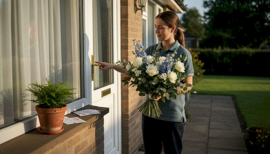 Courier delivering luxury flower arrangement to doorway