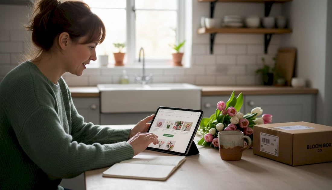 Woman ordering flowers on tablet in kitchen