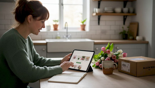 Woman ordering flowers on tablet in kitchen