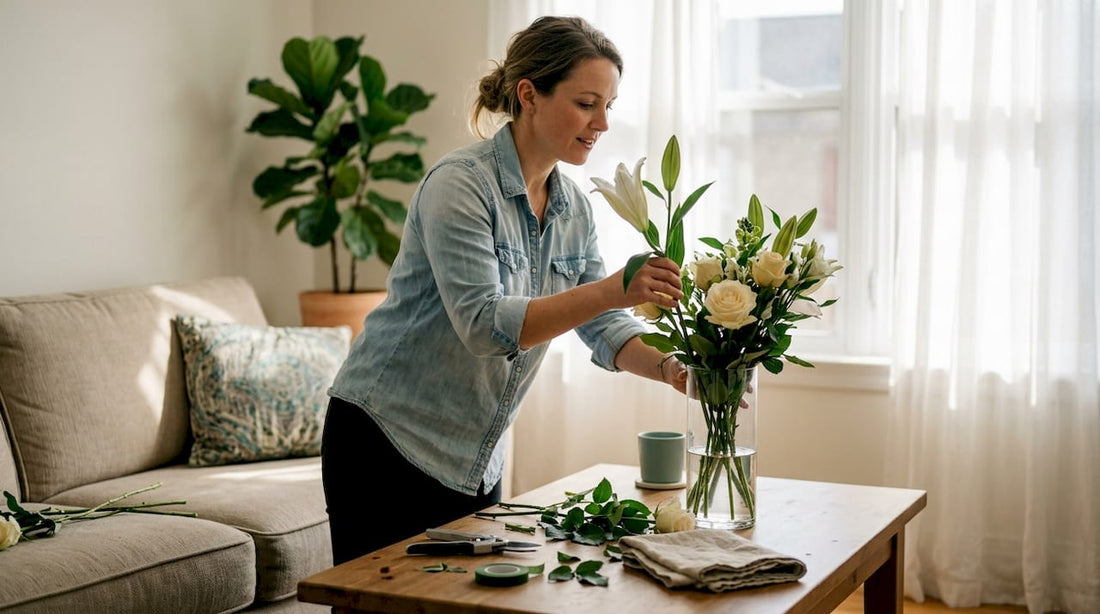 Florist arranging flowers in bright living room