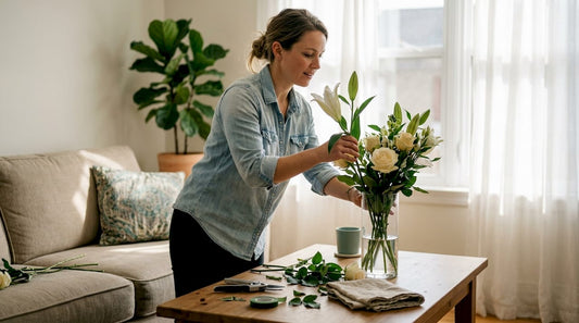 Florist arranging flowers in bright living room