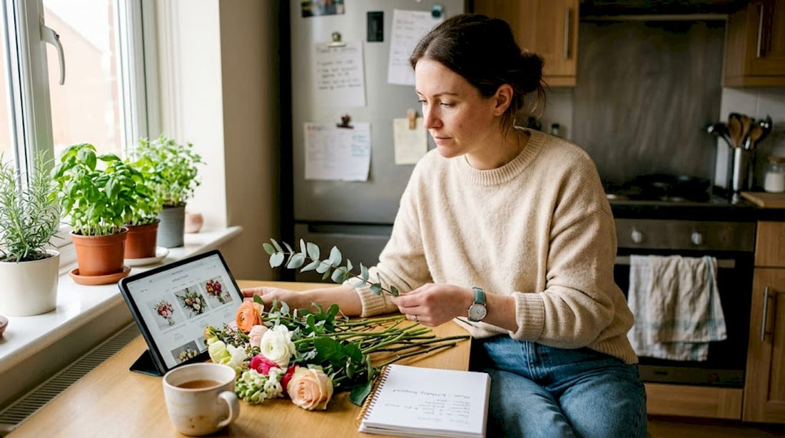 Woman selecting birthday flowers at kitchen table