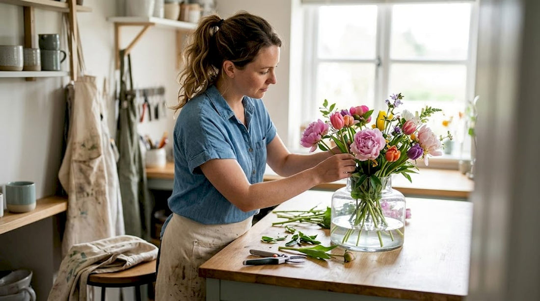 Florist arranging fresh seasonal flowers in studio