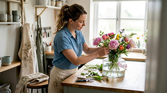 Florist arranging fresh seasonal flowers in studio