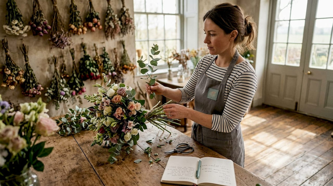 Florist arranging bouquet in bright studio