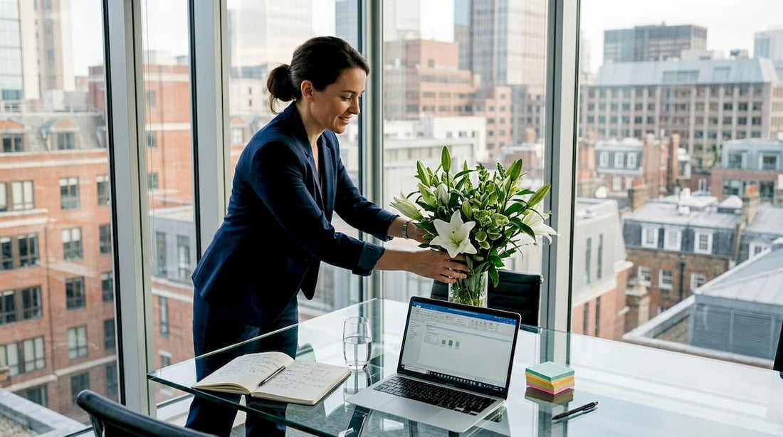 Manager placing flowers on bright office table