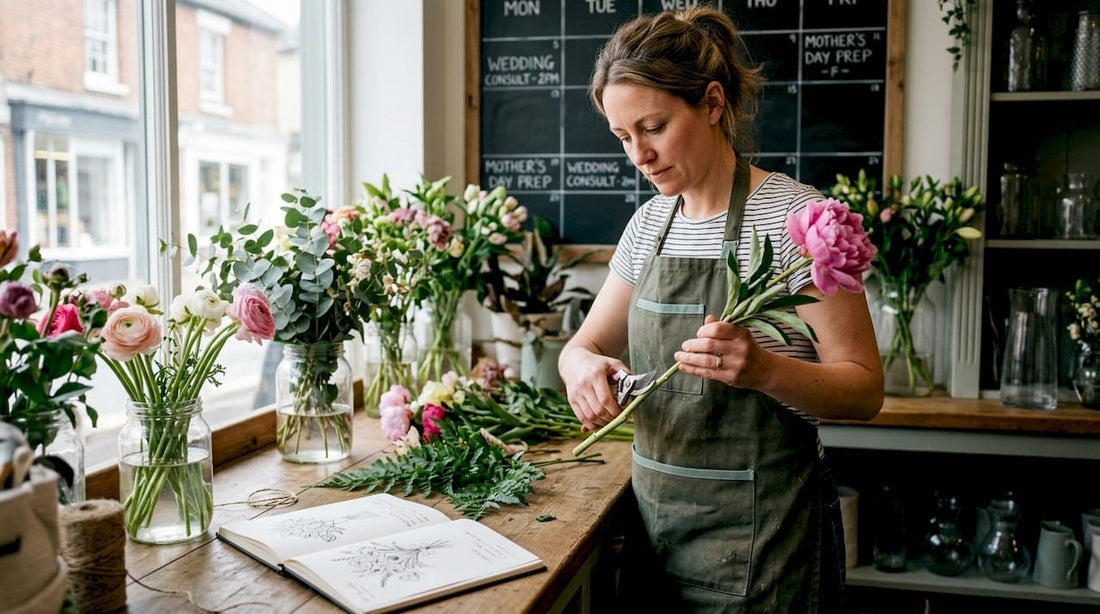 Florist arranging bespoke bouquet in airy shop
