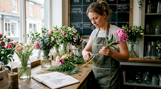 Florist arranging bespoke bouquet in airy shop