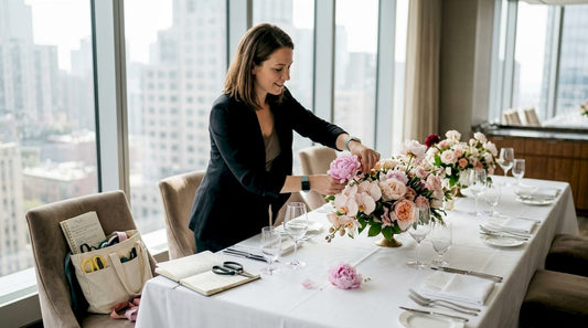 Event planner arranging luxury bouquet for event