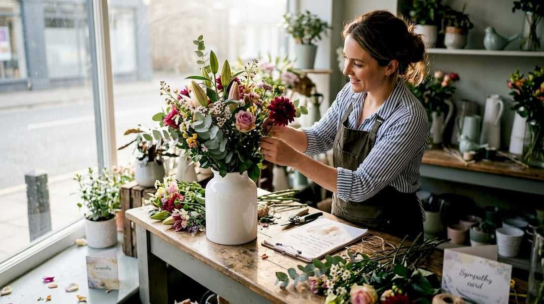 Florist preparing bold modern sympathy arrangement