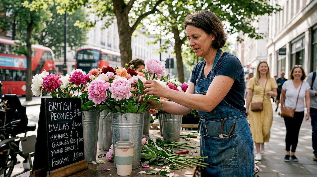 Florist arranging flowers at outdoor market