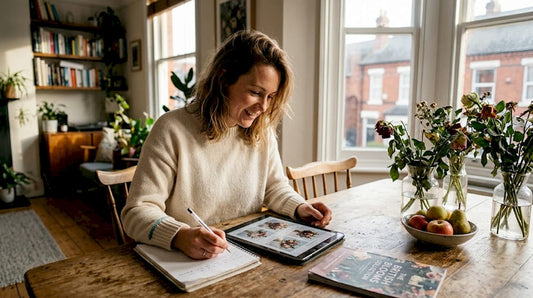 Woman planning luxury flower order at home