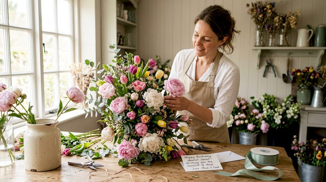Florist arranging elegant birthday bouquet