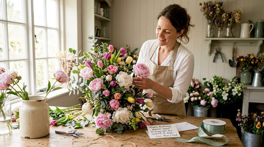 Florist arranging elegant birthday bouquet