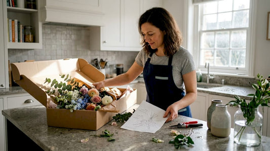 Florist preparing designer bouquet at kitchen island
