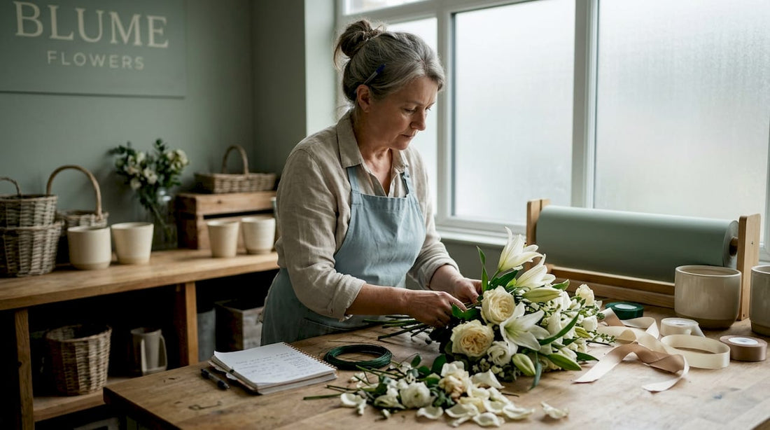 Florist arranging funeral flowers and notes