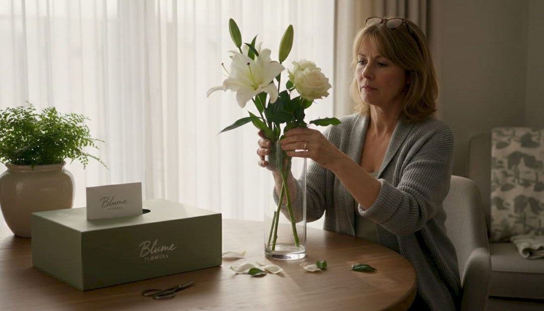 Woman arranging sympathy flowers at home table