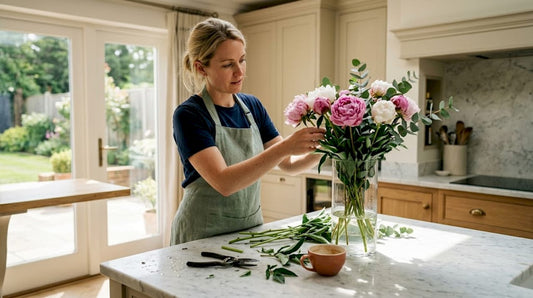 Florist arranging luxury peonies at marble island