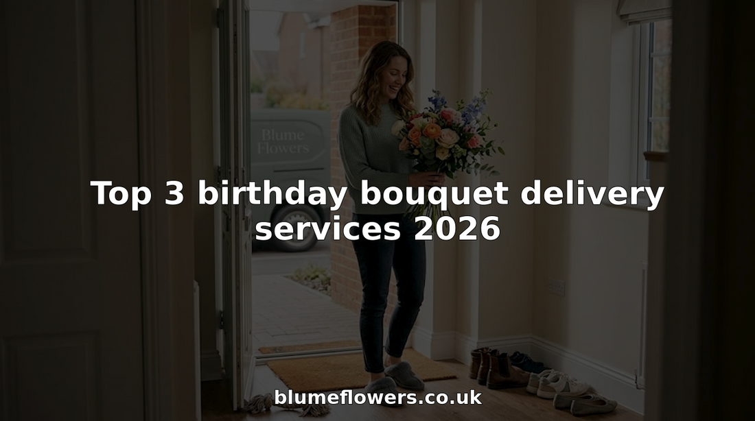 Woman receiving birthday bouquet at home entrance