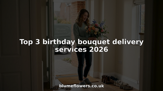Woman receiving birthday bouquet at home entrance