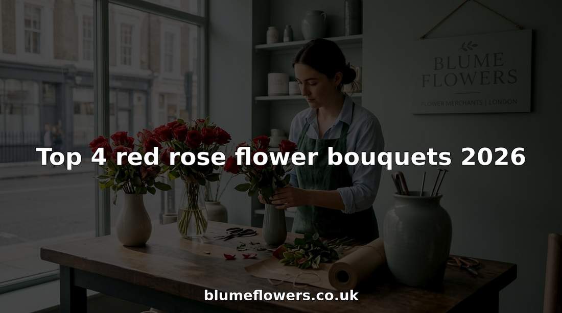 Florist arranging four red rose bouquets