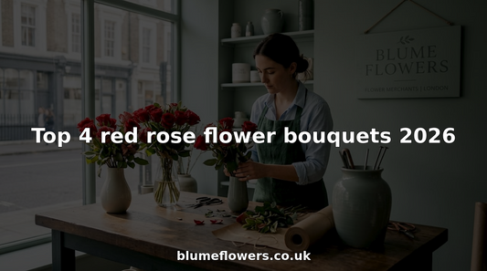 Florist arranging four red rose bouquets