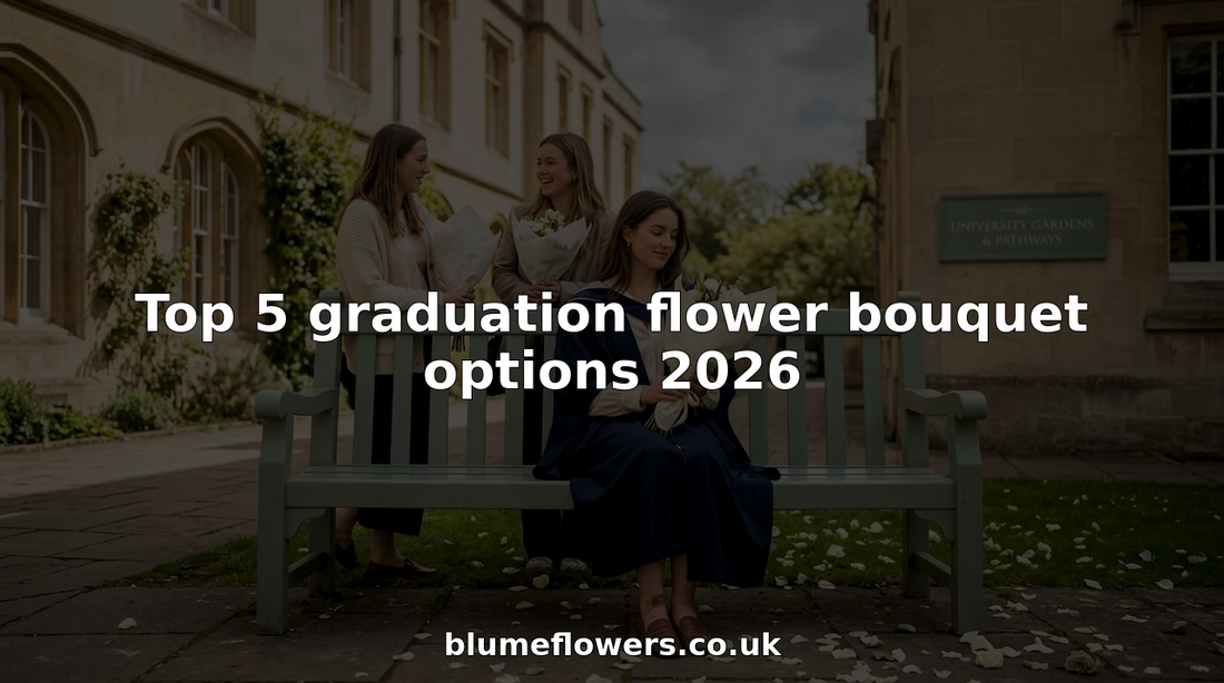 Graduate holding bouquet outside university bench