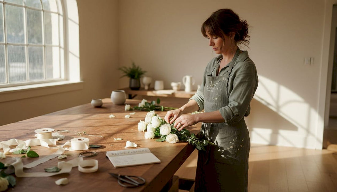 Florist creating elegant memorial arrangement