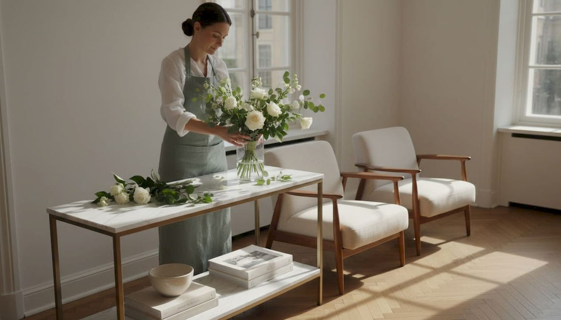 Florist arranging luxury bouquet in elegant living room