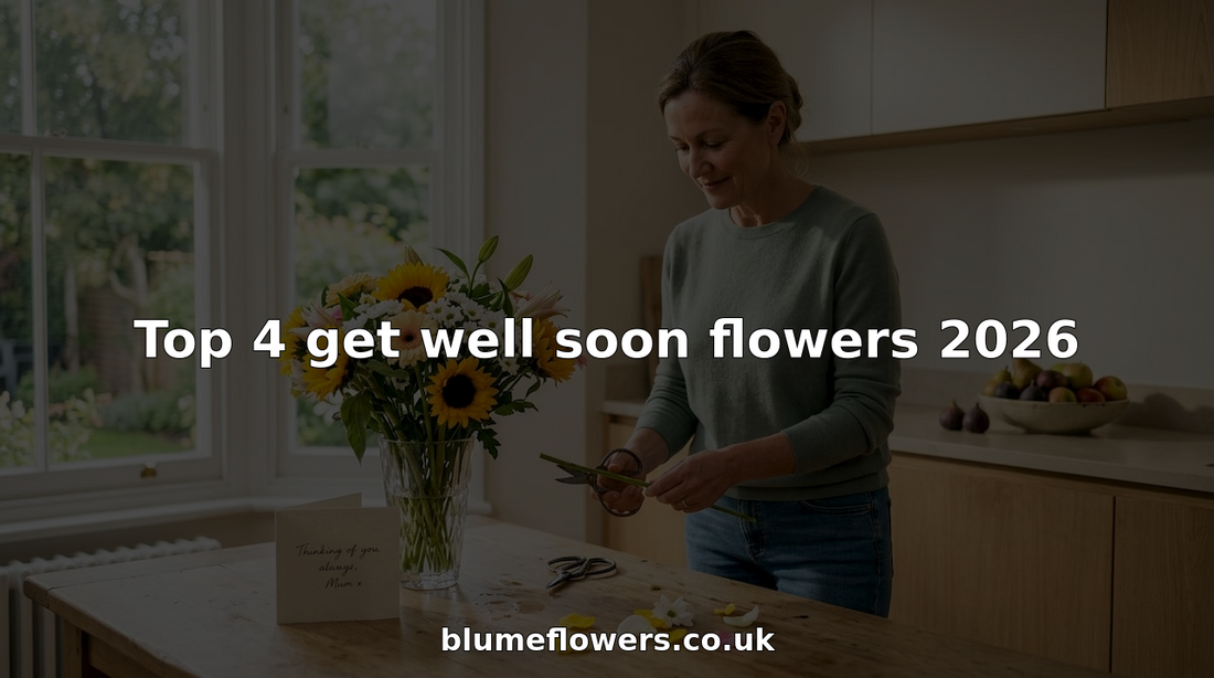Woman arranging cheerful get well bouquet at home