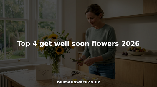 Woman arranging cheerful get well bouquet at home