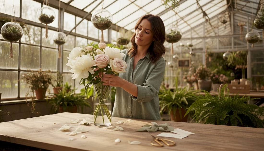 Florist arranging luxury bouquet in bright boutique