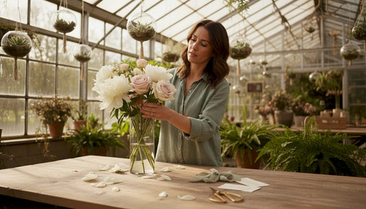 Florist arranging luxury bouquet in bright boutique