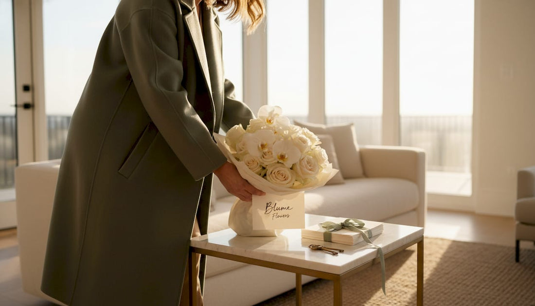 Woman arriving home with luxury flower bouquet