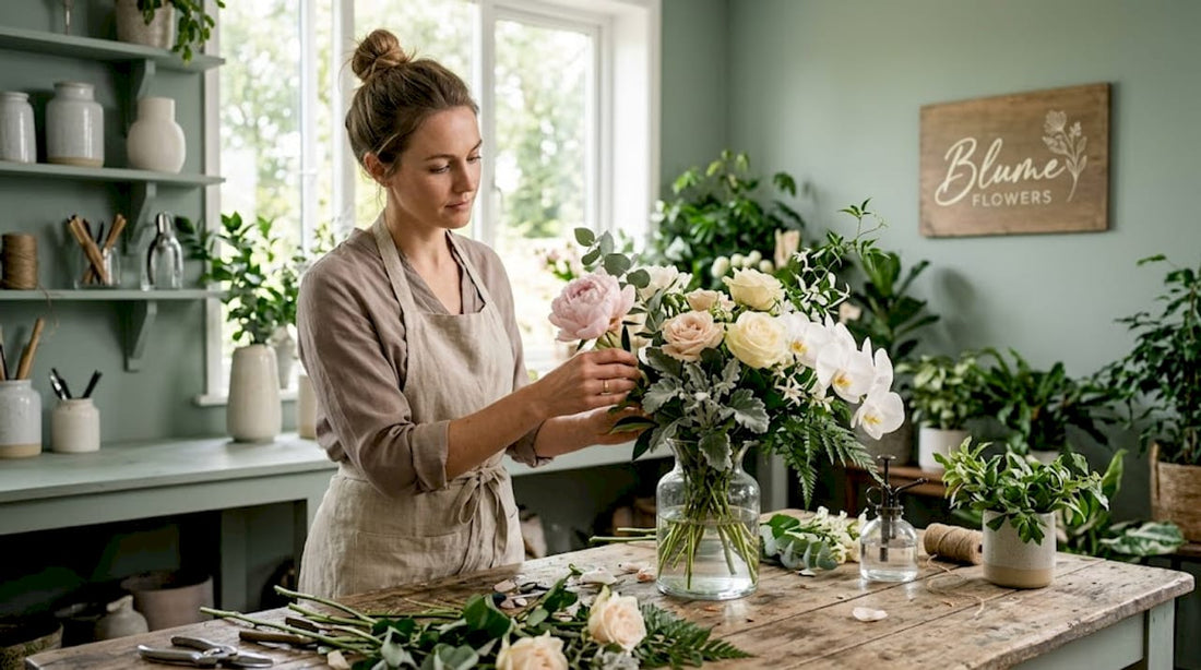 Florist arranging luxury flowers in sunlit studio