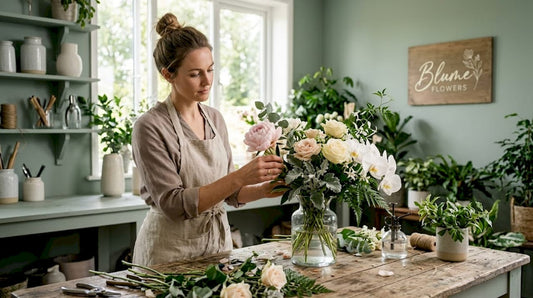 Florist arranging luxury flowers in sunlit studio